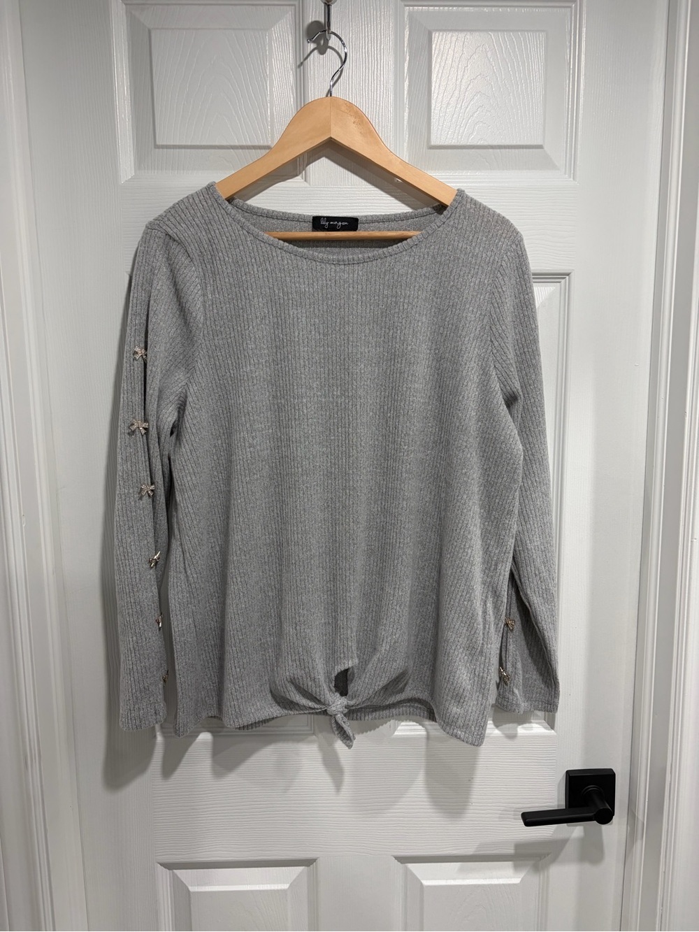 Lily Morgan Light Gray Knit Tie-Hem Ribbed Sweater with Side Bow Details